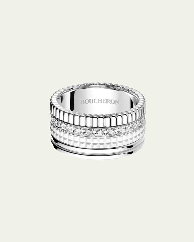 18K White Gold Large Quatre Double Ring with White HyCeram and Diamonds